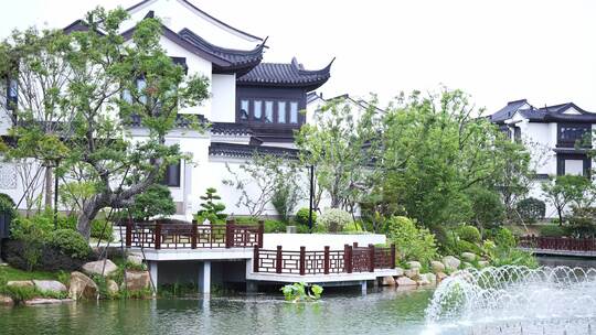 传统中式别墅和喷泉