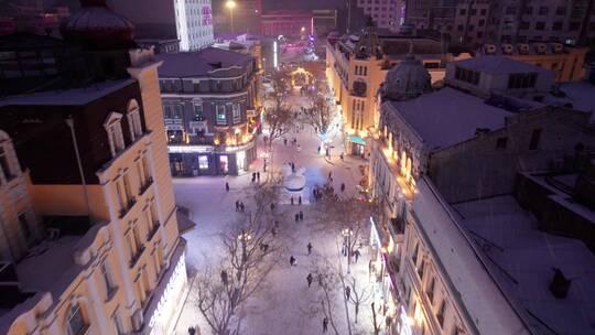 哈尔滨中央大街夜晚雪景航拍