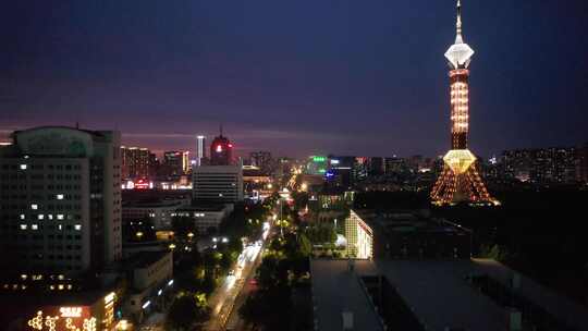 航拍河北石家庄地标石家庄夜景