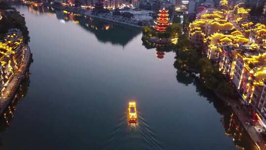 贵州航拍镇远古镇日落小城夜景场景