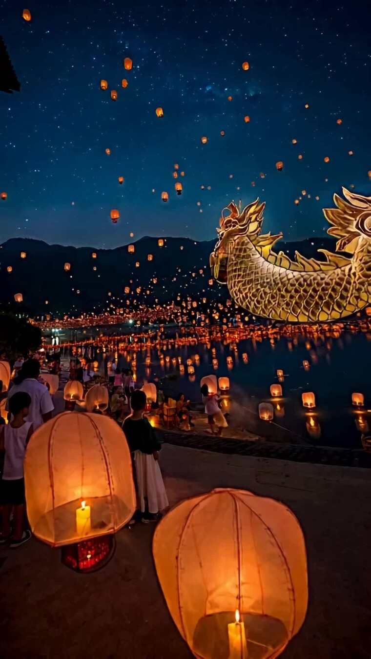 湖边民众放孔明灯场景