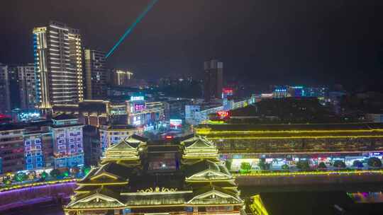 湖南怀化通道廊桥侗族风雨桥夜景延时航拍