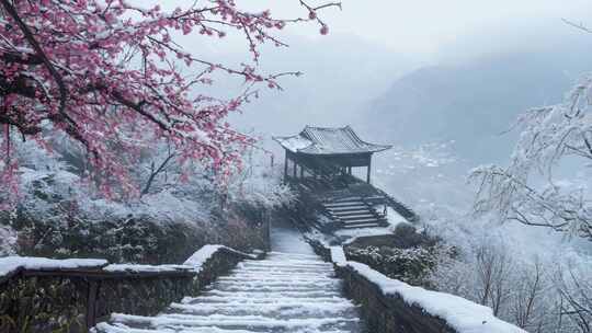 雪景中的景区上山阶梯