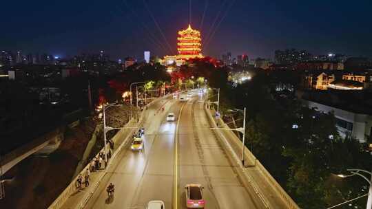 武汉市黄鹤楼夜景航拍延时摄影