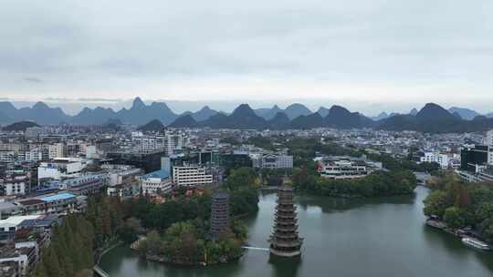 航拍广西省桂林市日月双塔文化公园城市风光