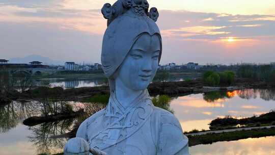 陕西汉中汉水女神雕像航拍
