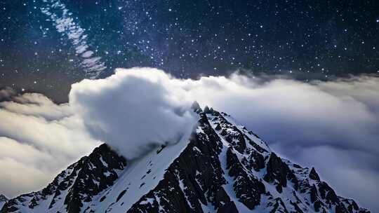 雪岭星光 云海涌动 冬日诗意之景