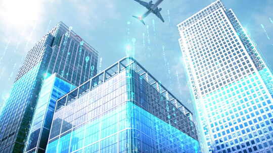 特效合成城市建筑商务中心大楼上空飞机飞过