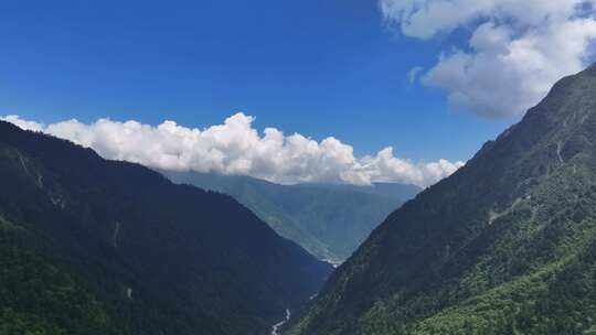 航拍四川甘孜贡嘎山区南门关沟森林河谷风光