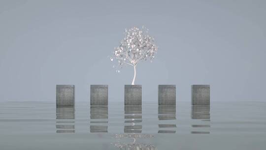 水面钢混建筑大树抽象地产宣传片头3D素材