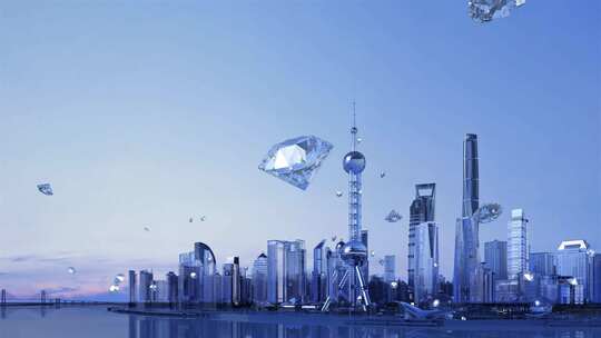 钻石飞过上海天际线动画素材