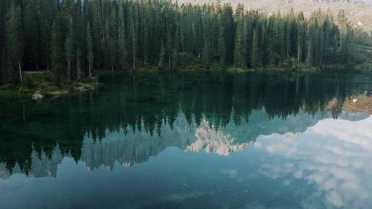 湖泊中的雪山树林倒影