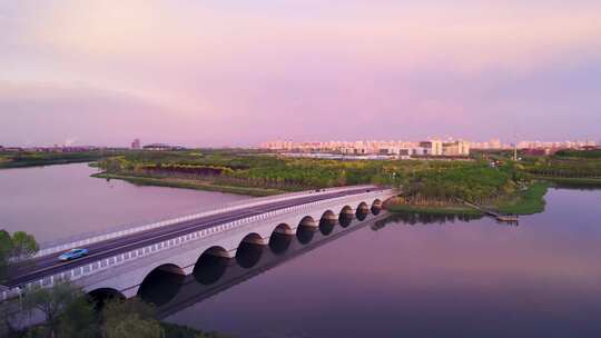 天津海河教育园区湿地公园日落晚霞自然风光