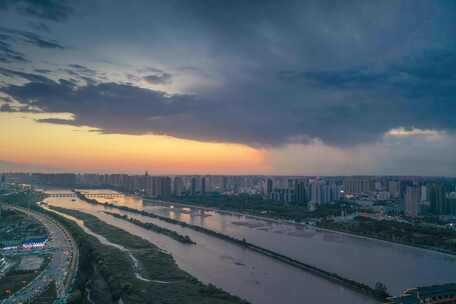 航拍西安咸阳古渡暴雨日落