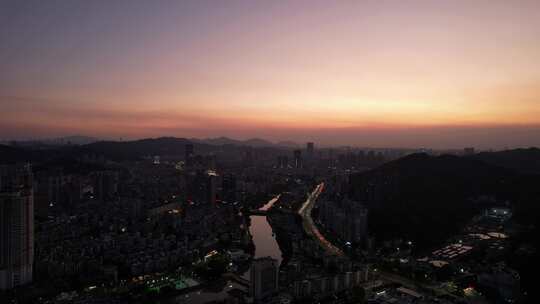 广东珠海城市晚霞夜幕降临航拍