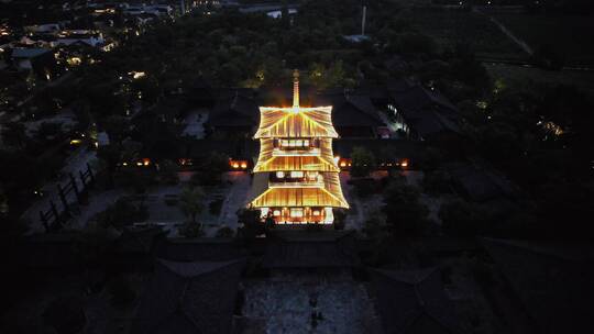 航拍广富林文化遗址古陶艺术馆高塔建筑灯光