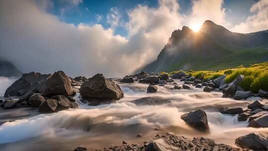 山间河流与云雾阳光美景