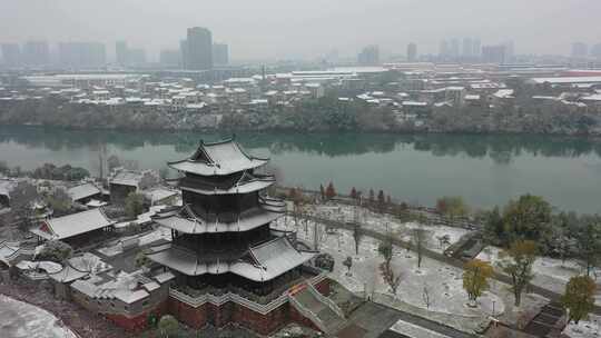 航拍衡阳市冬季雪景东洲岛雪景