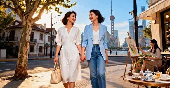 上海街头两位女性牵手漫步