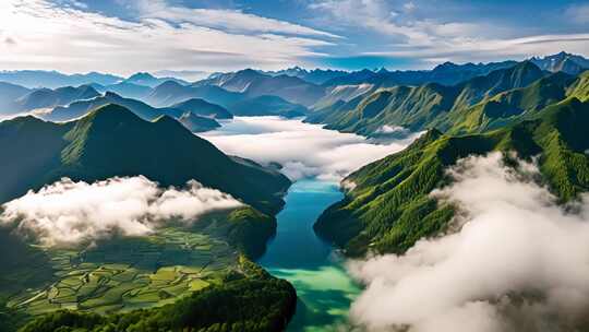 山川云海湖泊田园全景