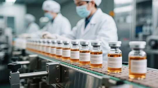 药厂工人操作药品生产流水线
