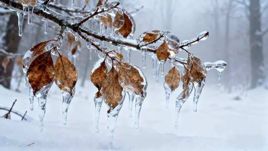 冬日森林结冰树叶特写