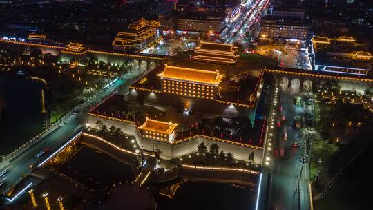 西安城墙永宁门夜景航拍延时摄影