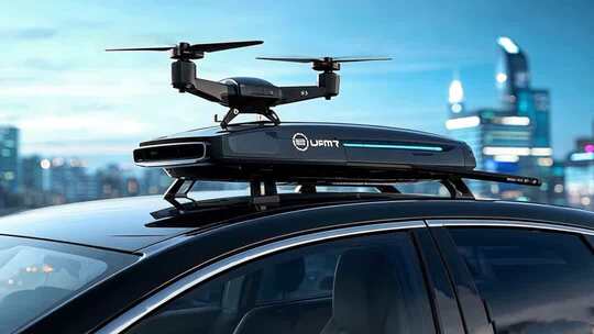 汽车车顶无人机与城市背景