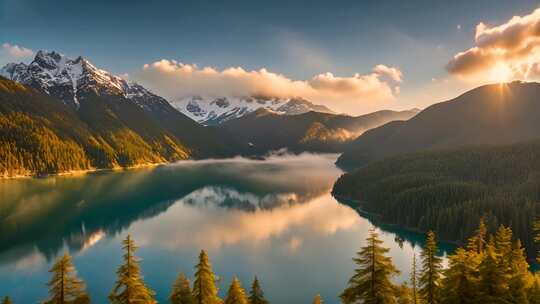 山水相依的自然风光全景