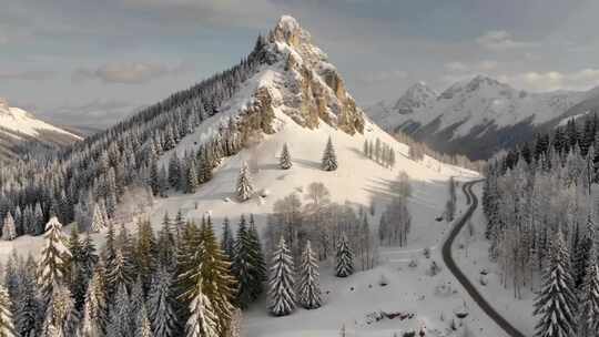 雪山森林蜿蜒公路航拍画面