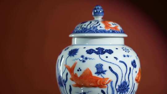 景德镇堆雕鱼藻茶叶罐 陶瓷