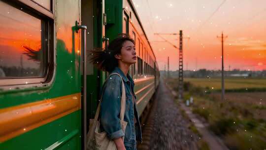 夕阳下女孩倚靠火车车厢