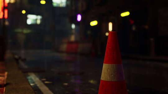 多雨的亚洲城市路边明亮的交通锥