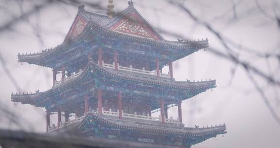 【8K正版素材】雪天古建筑空镜远景固定