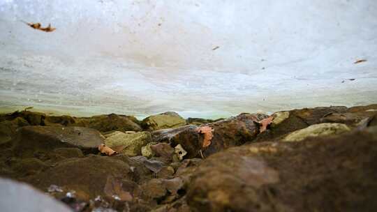 春天河道阳光下白色冰雪消融冰块化冻滴水