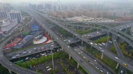 杭州上城区石德立交桥高架桥车流风景航拍