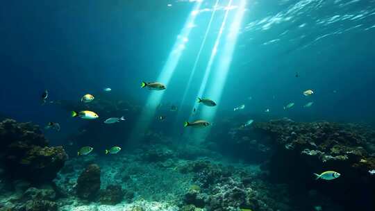 4k阳光透过海面大海里的鱼群海洋生物