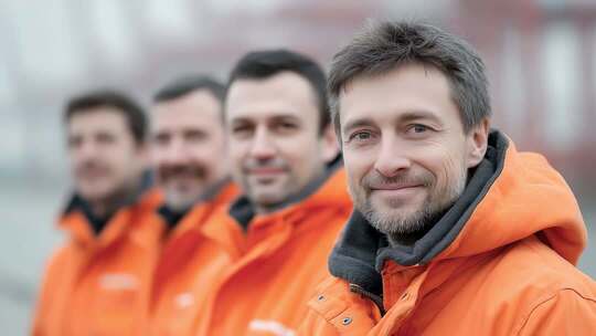 团队员工身穿工装面带微笑展望未来