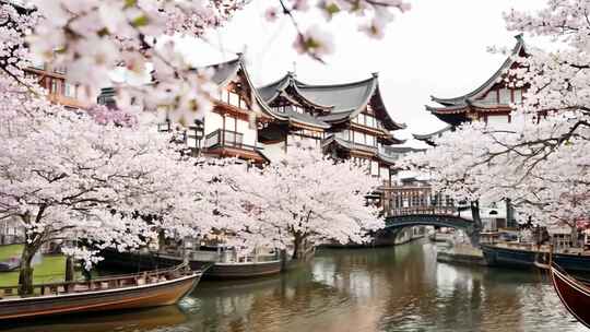 樱花盛开时的古建筑风景