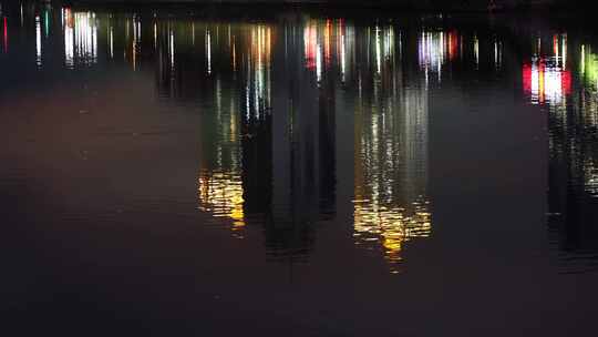 夜晚水面建筑倒影城市风光江滨湖面美景风景