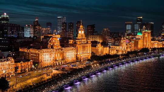 上海黄埔外滩万国建筑夜景航拍夜景8K