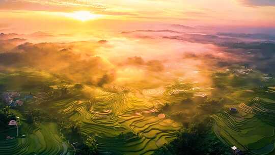 梯田云海田园乡村农业自然日出云雾梦幻风景