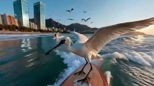 海鸥立于冲浪板上海岸风光