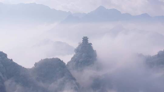 航拍雪后云海上雾中山顶寺庙秦岭南五台