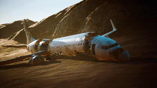 4K 沙漠中坠毁的被遗弃的破碎飞机