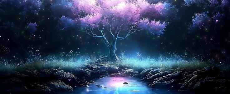 梦幻星空下的神秘树木景观