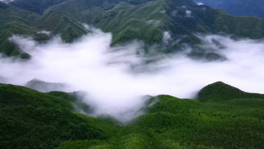 航拍雨后山谷中的云海