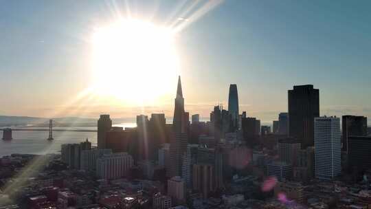 城市航拍加州旧金山金融区摩天大楼地标日出视频素材模板下载