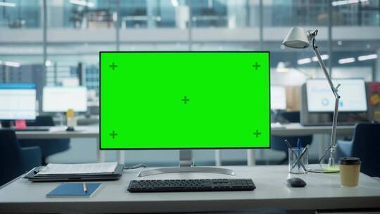 商务办公室台式电脑显示器绿背抠像素材