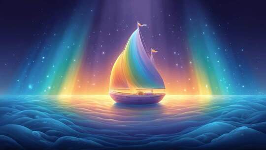 彩虹帆船航行于星光璀璨的大海之上